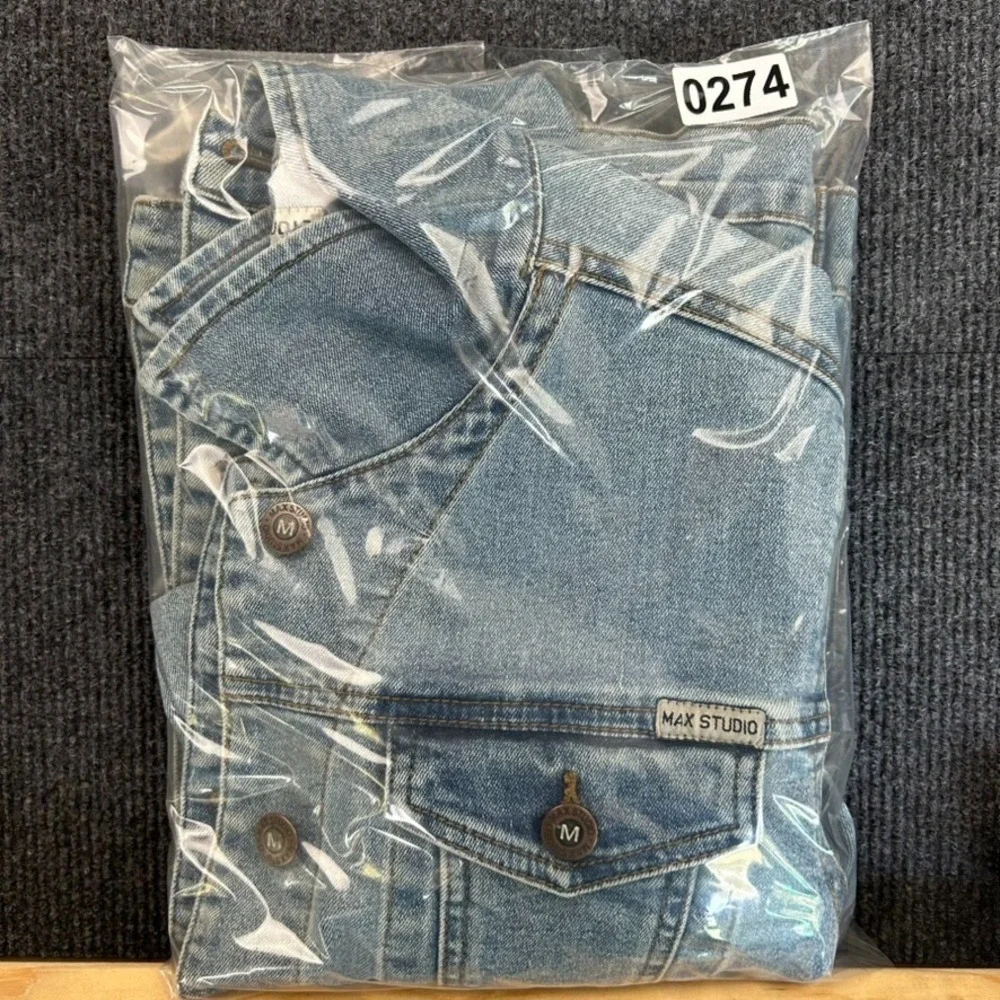 Max Studio Women's Jean Jacket Blue Distressed Stretch Y2K Grunge Streetwear - L - Picture 16 of 16